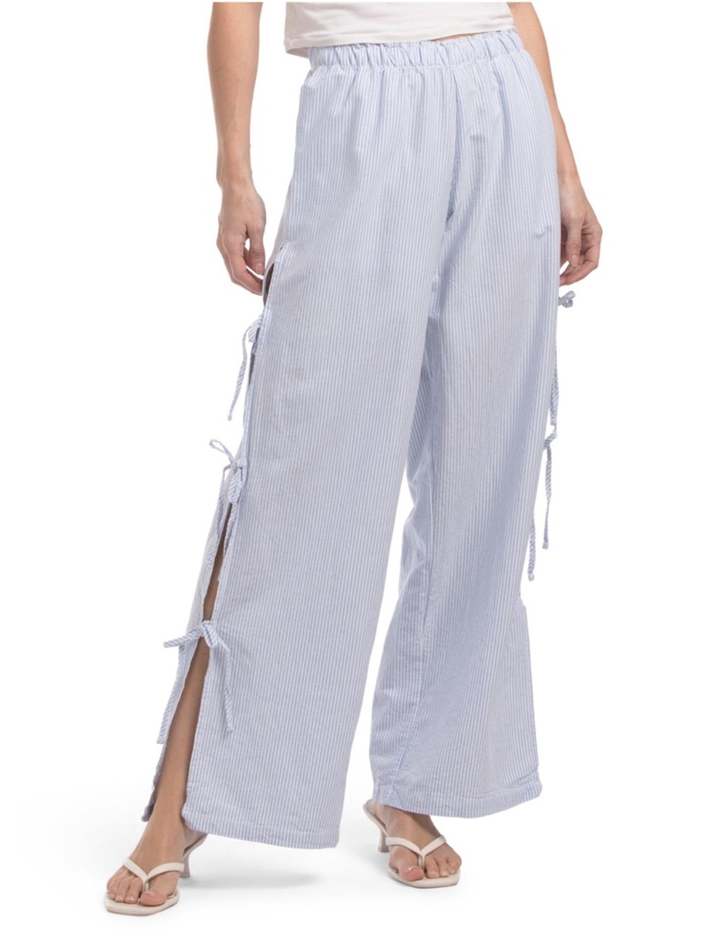 Angel Kiss Women's Blue Side Bow Tie Striped Pull On Pants 100% Cotton Pockets L